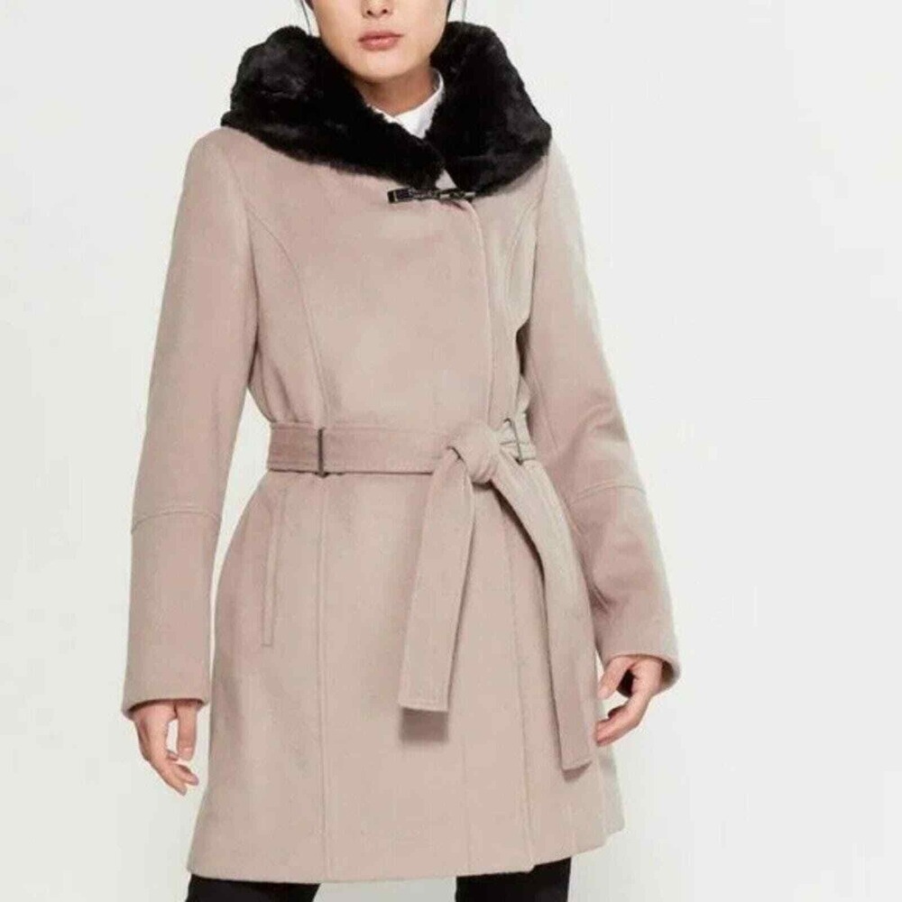 Calvin Klein Thistle Faux Fur-Trimmed Wool Blend Belted Walker Coat plus size XL